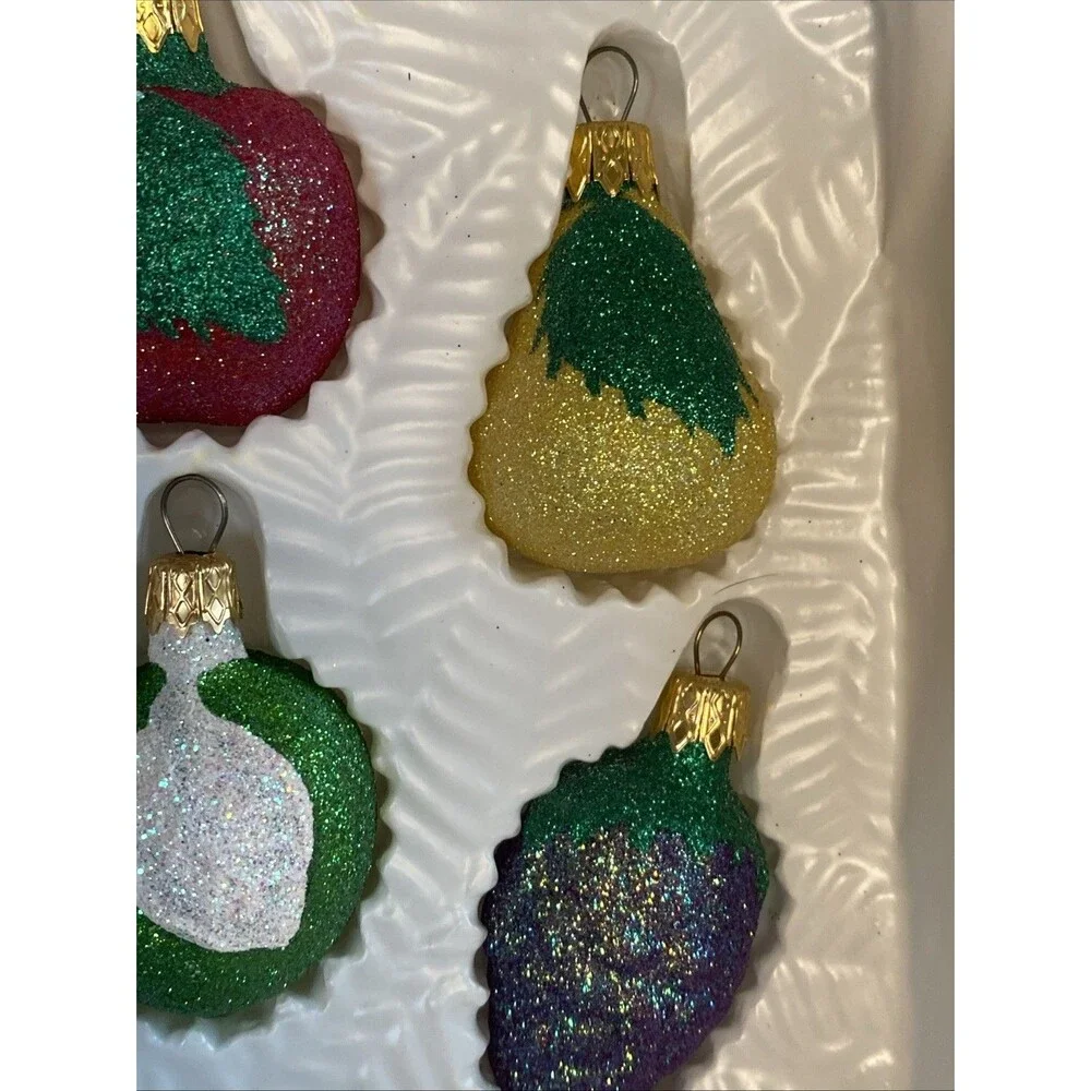 Vintage Christmas Glass Fruit Ornament Set of 6 Glittered 2002 Target Pear Apple